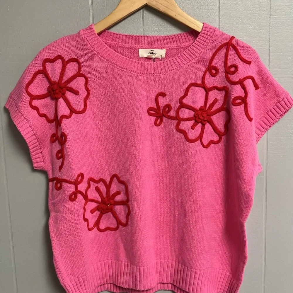 NWT Entro Pink and Red Floral Women's Sweater Short Sleeve Large Super Cute! - Picture 3 of 16